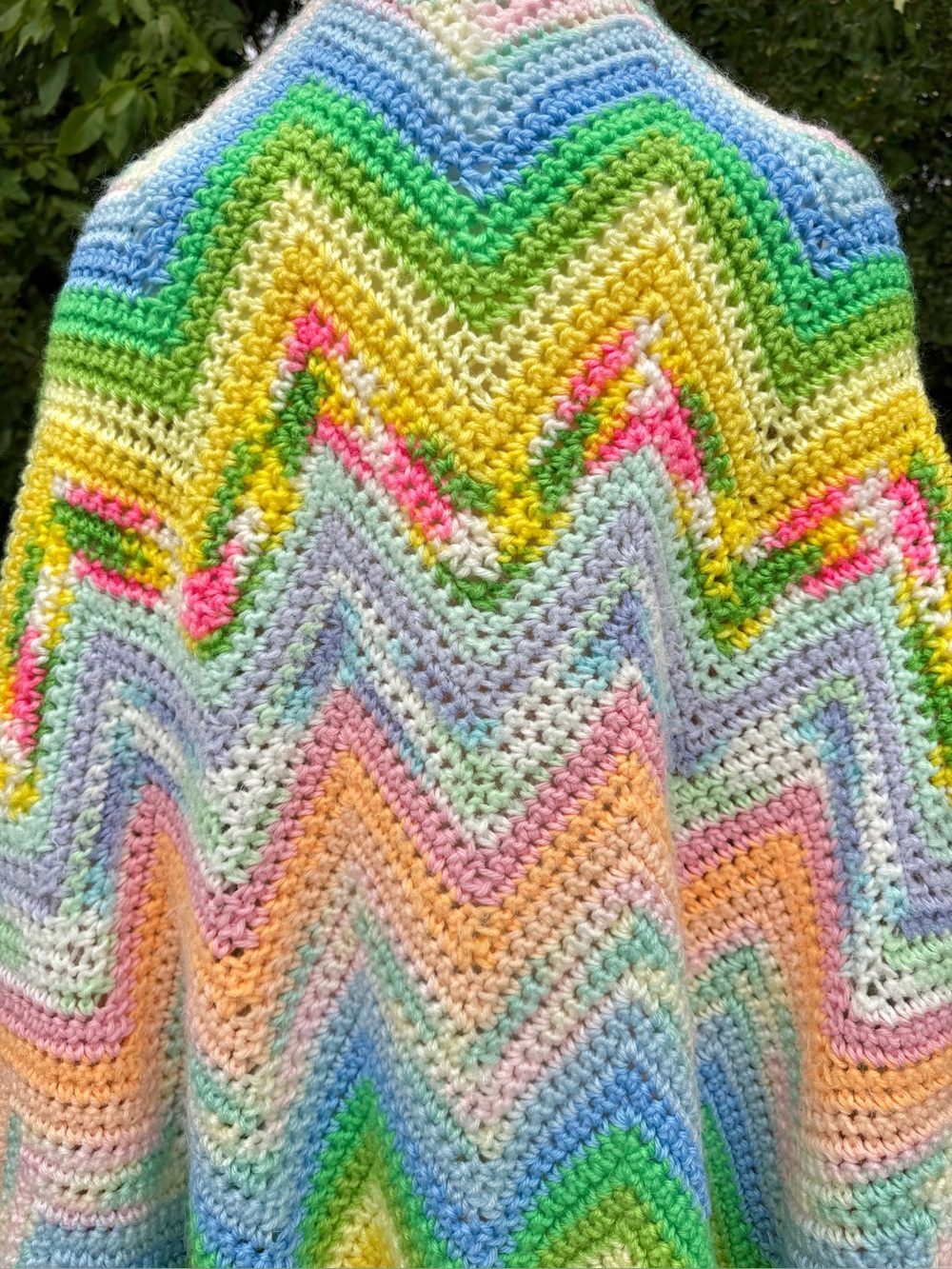 VTG CANDY COLORS AFGHAN Hand Knit Granny Throw Rainbow Pastels Colorful Blanket